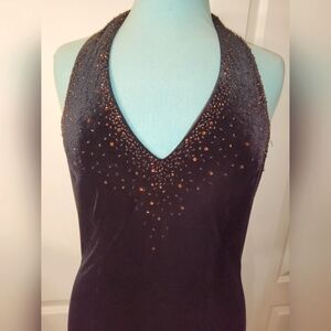 Vintage black velvet gown \ halter gown \ beaded cocktail dress